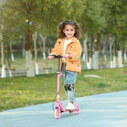 Trottinette Qaba pour enfants de 3 à 8 ans, trottinettes pliantes légères avec roues lumineuses, guidon réglable sur 4 niveaux, frein arrière et frein à main pour filles et garçons, rose