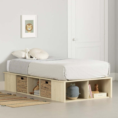 Avilla Storage Platform Bed With Wicker Baskets - Bleached Oak  |  Avilla Lit Avec Paniers De Rangement En Osier Inclus - Chene Blanchi
