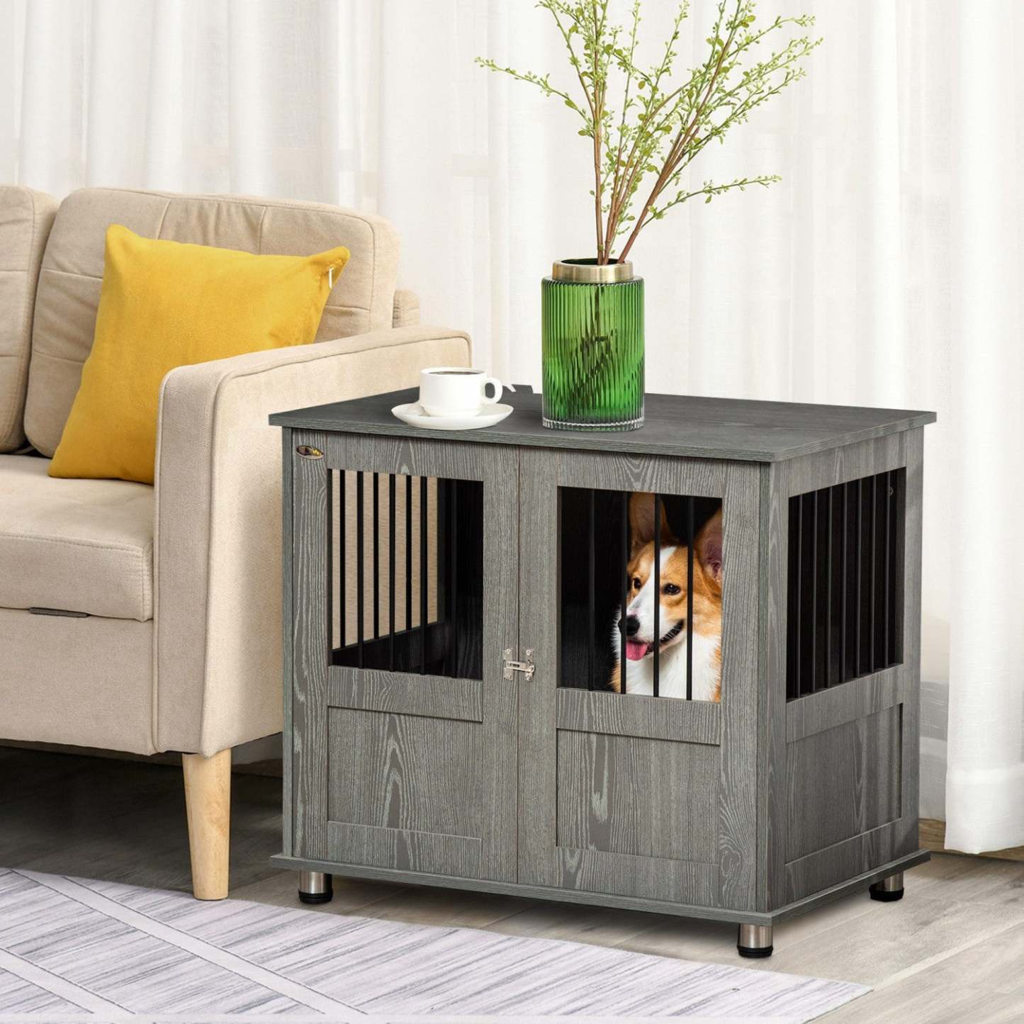 Pawhut Cage Pour Chien Avec Porte Magnétique Verrouillable, Pieds réglables, Table D'appoint Pour Ni
