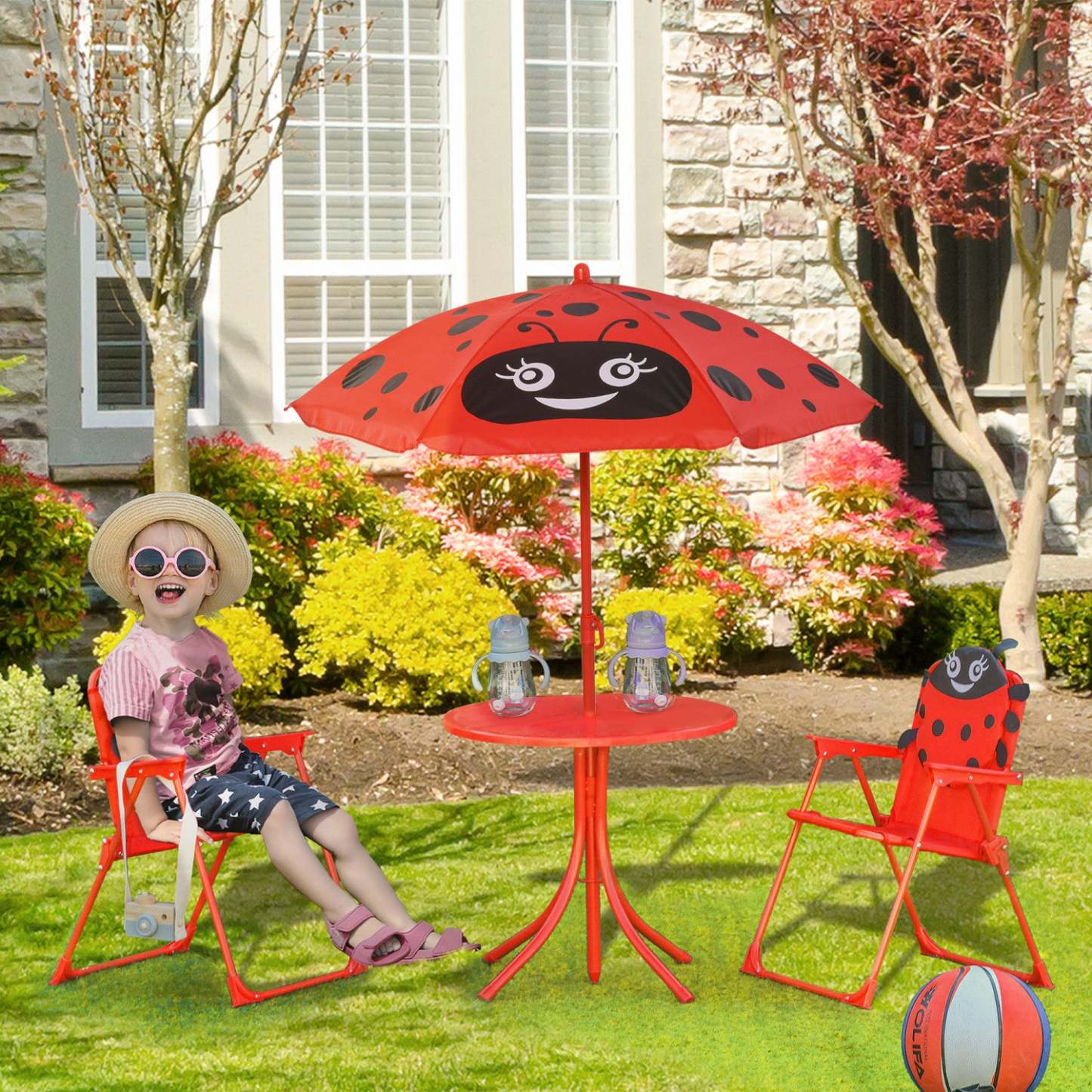 Outsunny Enfants Table De Pique-nique Pliante Et Chaise Ensemble Motif Coccinelle Exterieur Jardin P