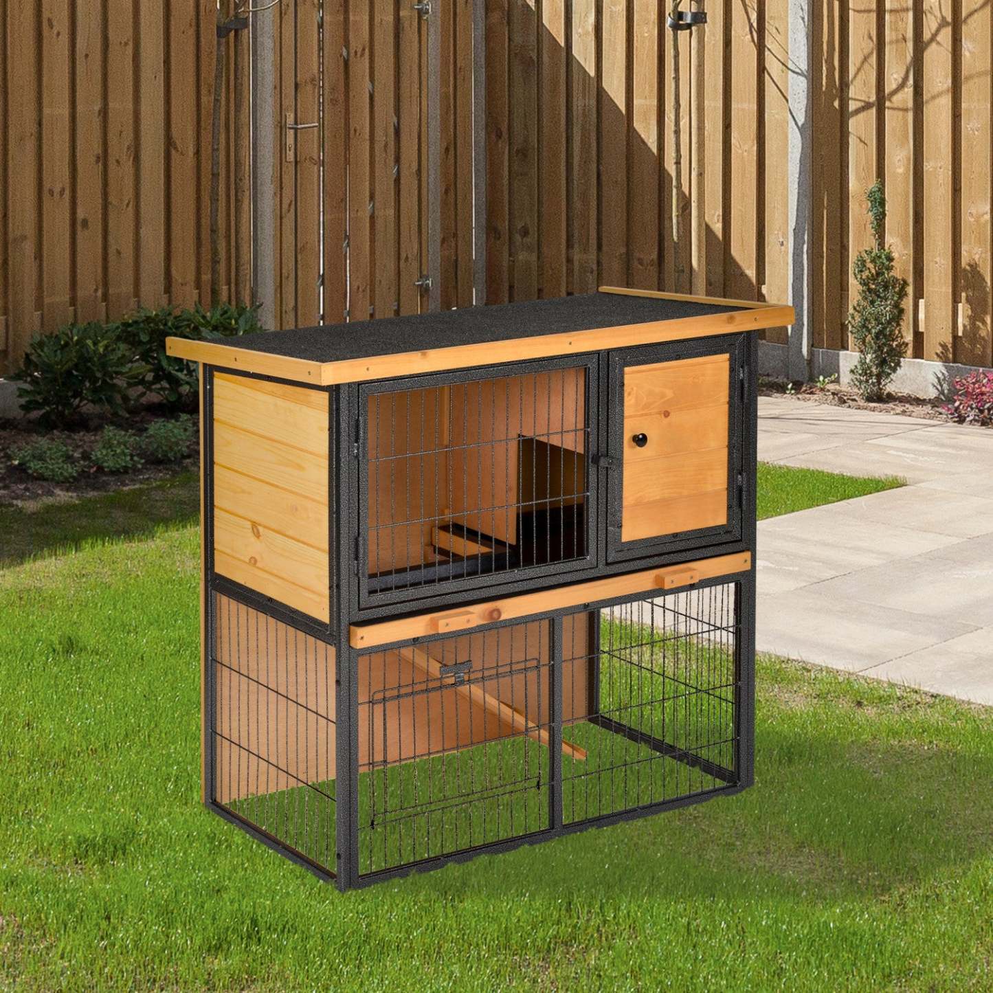 Pawhut Clapier pour Lapin Maison pour Animaux Cage pour Lapin Habitat pour Petits Animaux avec Toit Ouvrable en Asphalte pour Extérieur|Pawhut Clapier Bois-métal pour Lapin Surélevé Cage de Lapin Cage pour Petits Animaux avec Plateau Co