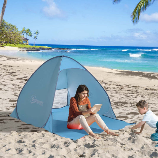 Outsunny Pop Up Beach Tent Abri solaire portable Protection Uv Patio extérieur avec étui de transport et piquets | Abri De Plage Tente De Plage Pliable Pop-up Automatique Instantanée Protection Uv Fenêtre Arrière Gra