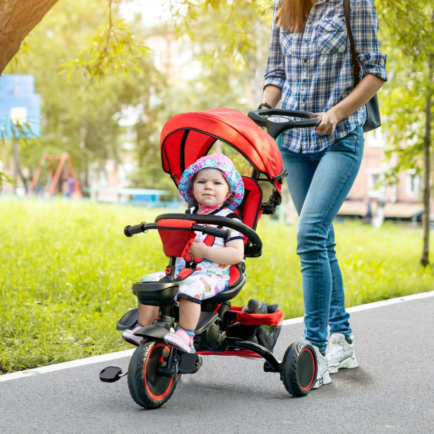 Aosom Tricycle 6-en-1 pour Tout-Petit, Trike pour Enfants avec Siège Rotatif, Poignée de Poussette Réglable, Harnais de Sécurité | Homcom Tricycle 7-en-1 pour Enfant, Vélo Pliant pour Bébé avec Poignée de Poussee Réglable, Siège Ro