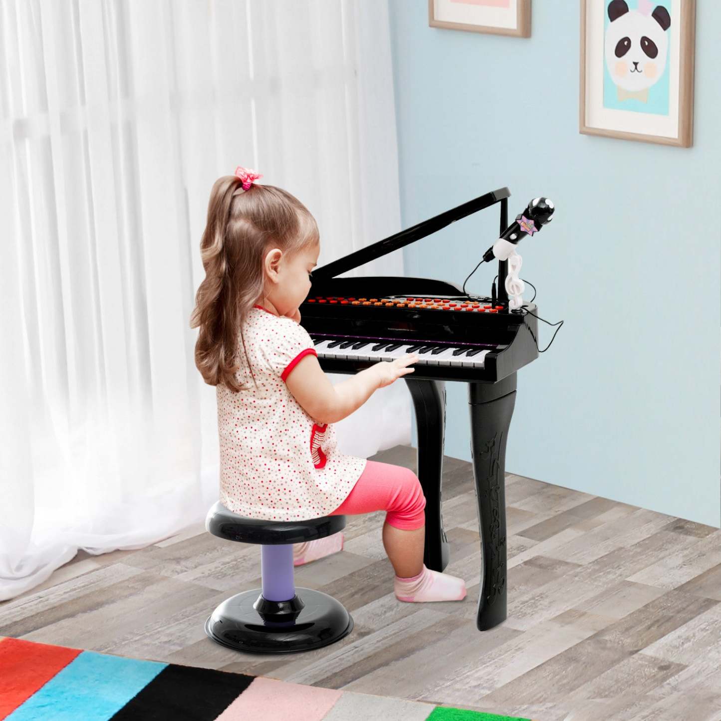 Qaba Mini Piano Musical Électronique 37 Touches Clavier Multifonction Jouet Enfants Avec Microphone Stool, Bla