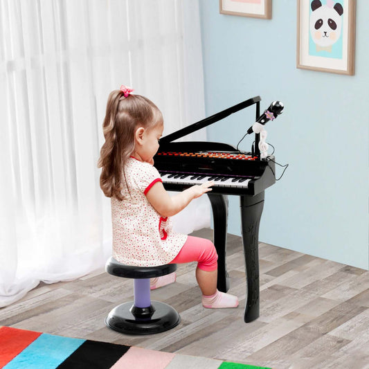 Qaba Mini Piano Musical Électronique 37 Touches Clavier Multifonction Jouet Enfants Avec Microphone Stool, Bla