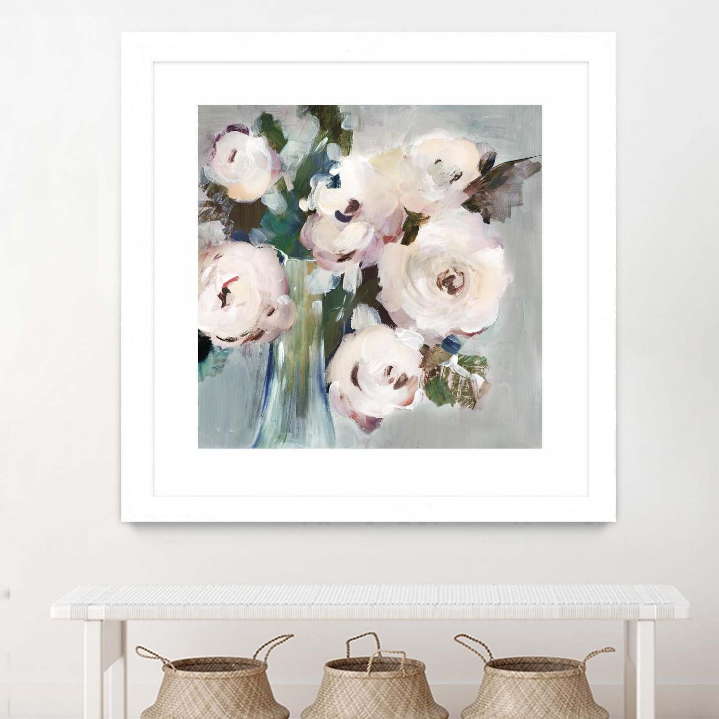 Bouquet Rose Pâle I Matted and Framed White 36x36 Wall Art|Œuvre d'art murale imprimée blanche et mate « Bouquet Rose Pâle I » 36 x 36