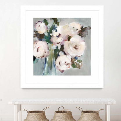 Bouquet Rose Pâle I Matted and Framed White 36x36 Wall Art|Œuvre d'art murale imprimée blanche et mate « Bouquet Rose Pâle I » 36 x 36