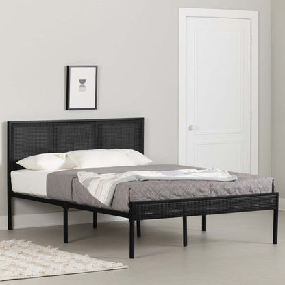 Hoya Natural Cane Metal Full Platform Bed - Pure Black|Lit double plateforme Hoya en métal avec cannage naturel - noir solide
