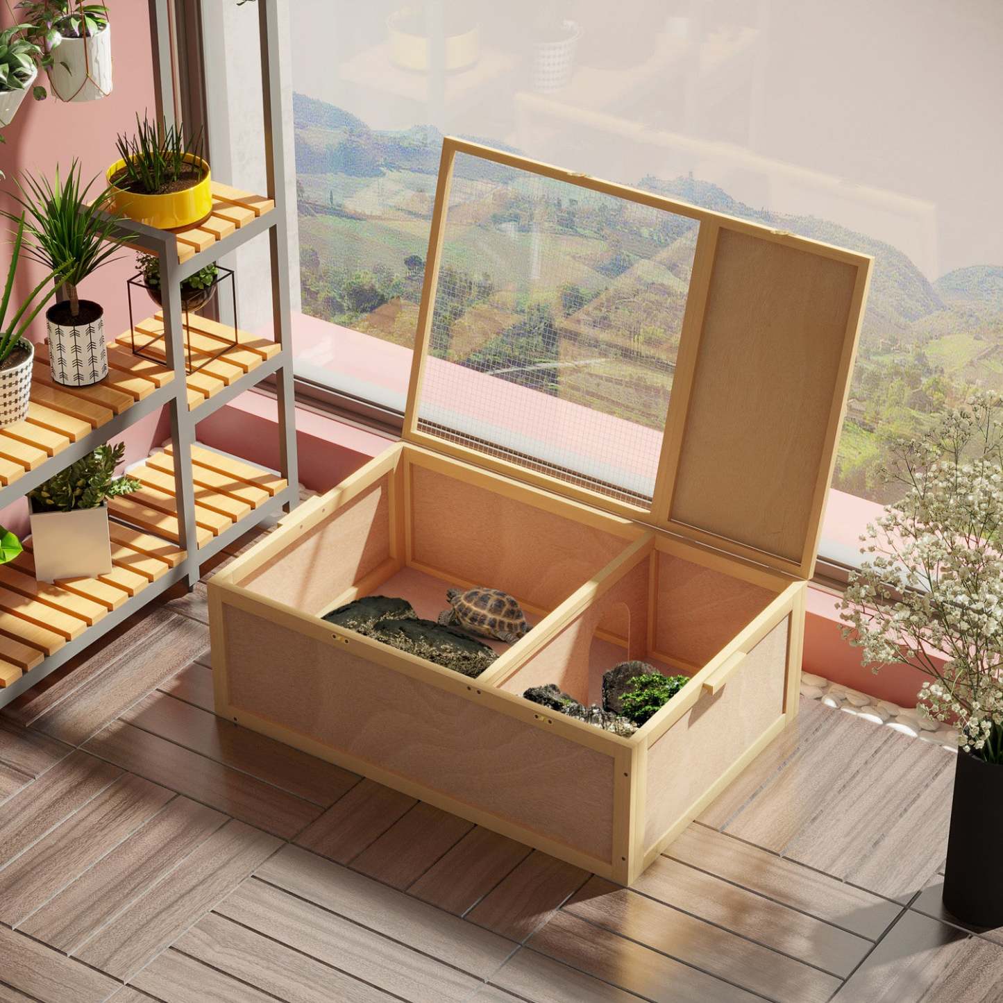 Pawhut Enclos pour Tortues, Réservoir en Bois pour Tortues Terrarium Reptile avec Design à Deux Chambres, Pour Utilization Intérieure|Pawhut Maison De Tortue En Bois De37, Terrarium Pour Tortues/petits Enclos Pour Reptiles Avec Desig