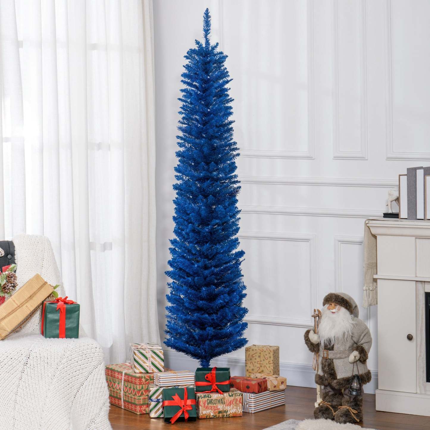 Homcom Sapin de Noël artificiel en forme de crayon de 2,1 m avec branches réalistes | Homcom Sapin de Noël Artificiel Fin, Sapin de Noël Crayon, Bleu Profond