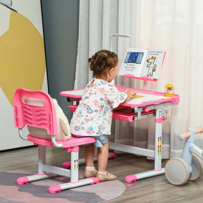 Qaba Bureau Enfant Avec Chaise Ensemble Bureau Et Chaise Reglable Avec Lampe, Support De Lecture, Po