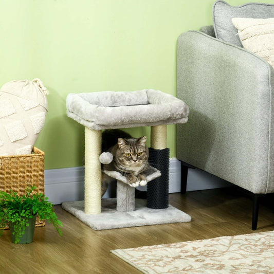 Pawhut 19 Arbre à chat, Petite tour à chat avec poteau à gratter en sisal, Centre d'activité pour chaton avec lit, auto-toiletteur, perchoir, balle suspendue, Gris