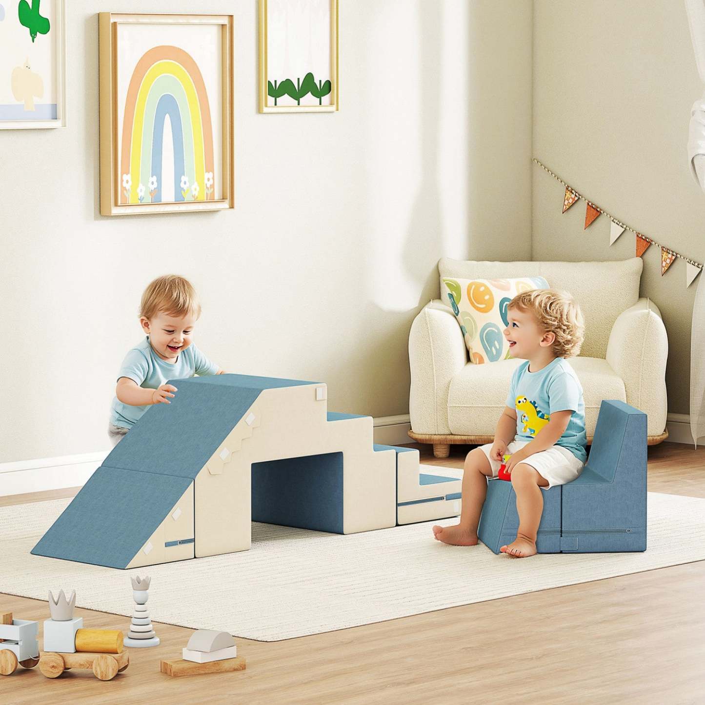 Blocs de mousse d'escalade Qaba pour tout-petits, jouets d'escalade en mousse douce de 2 pièces avec housse amovible, ensemble d'activités d'escalade et de rampement intérieur, bleu