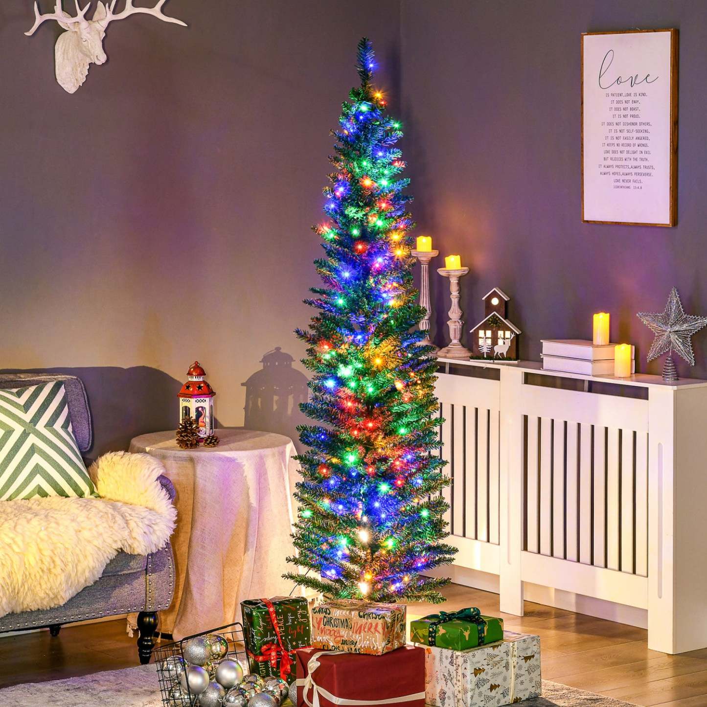 Homcom 6' Pencil Artificial Christmas Tree With Colorful Led Lights|Homcom Arbre De Noël Artificiel De 6 Pi Avec Lumières Led Colorées