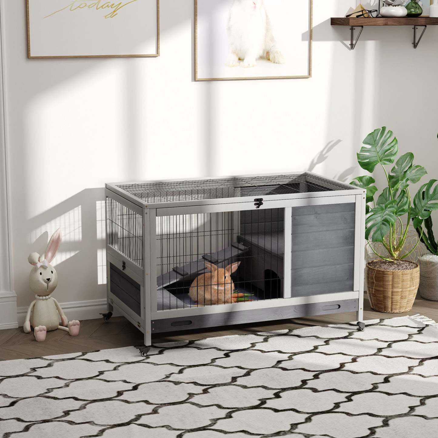 Pawhut Huche D'interieur En Bois Pour Lapin Avec Cage Surelevee Avec Enclos Ferme Avec Roues, Ideal