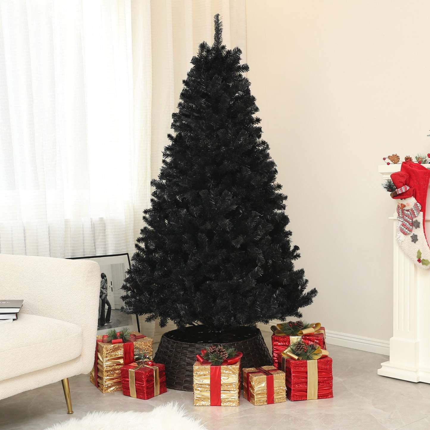 Homcom Sapin De Noel Artificiel De 6 Pieds Avec Ouverture Automatique, Base En Acier, Noir