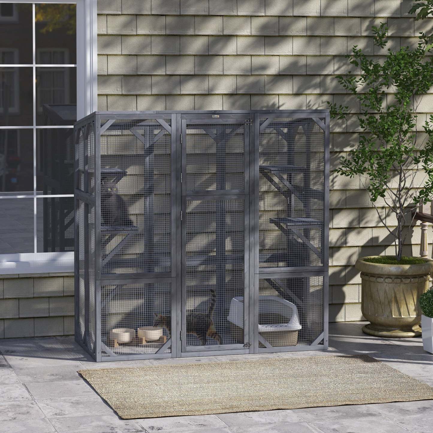 Catio Pawhut, Enclos extérieur pour chats avec 6 de saut, toit résistant aux intempéries, grande porte avant, cage en bois pour 1 à 3 chatons, 59 X 28 X 60, Gris