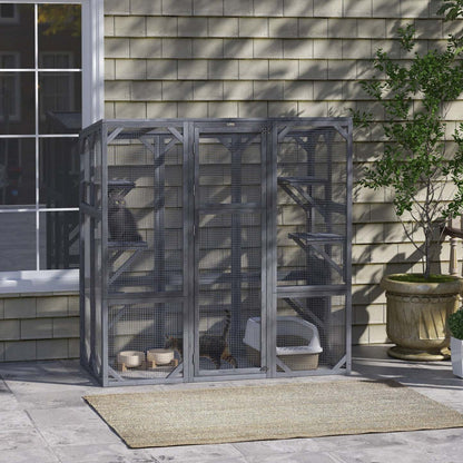 Catio Pawhut, Enclos extérieur pour chats avec 6 de saut, toit résistant aux intempéries, grande porte avant, cage en bois pour 1 à 3 chatons, 59 X 28 X 60, Gris