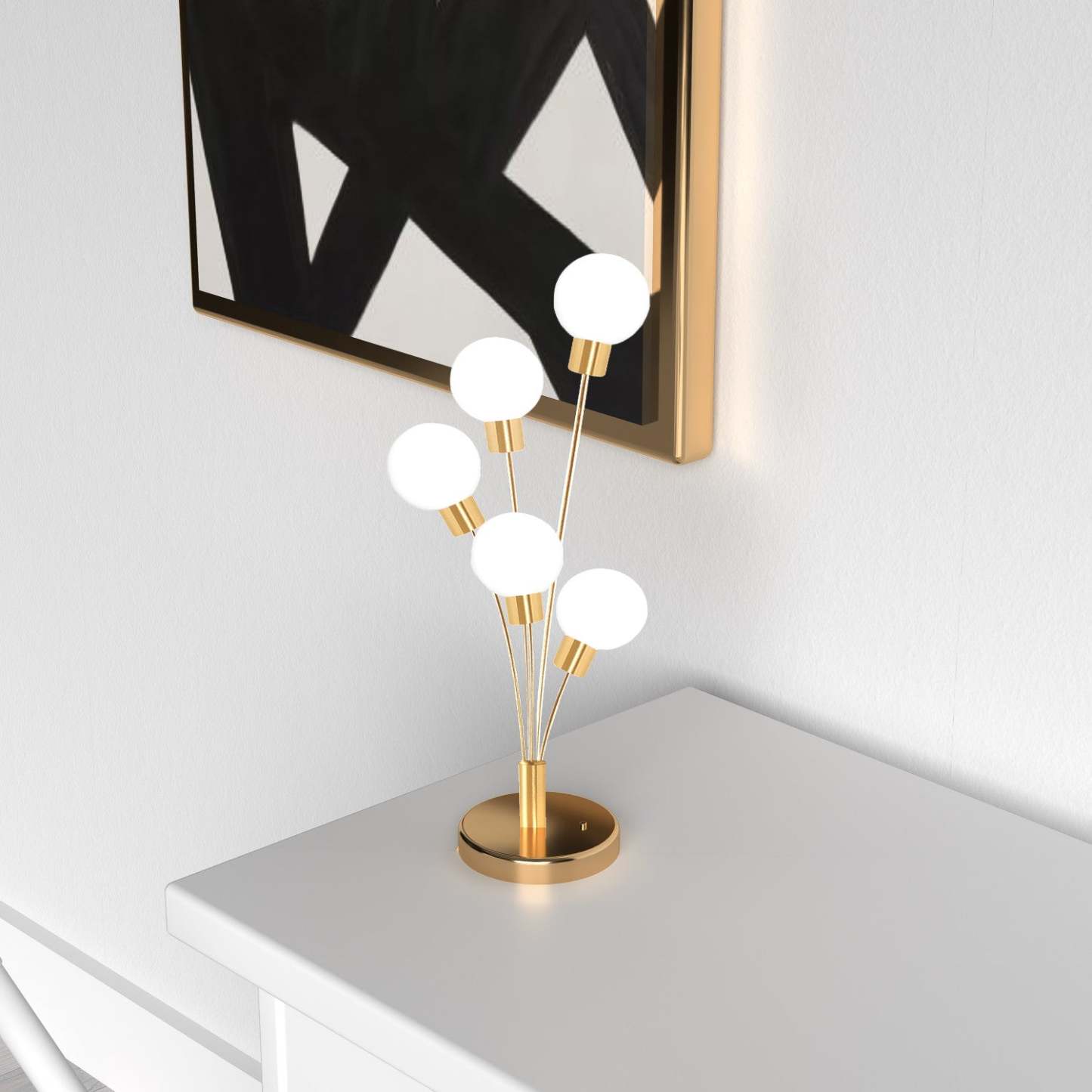 Lampe de table Budding Branch de Dainolite en verre blanc, avec finition laiton vieilli et 5 ampoules