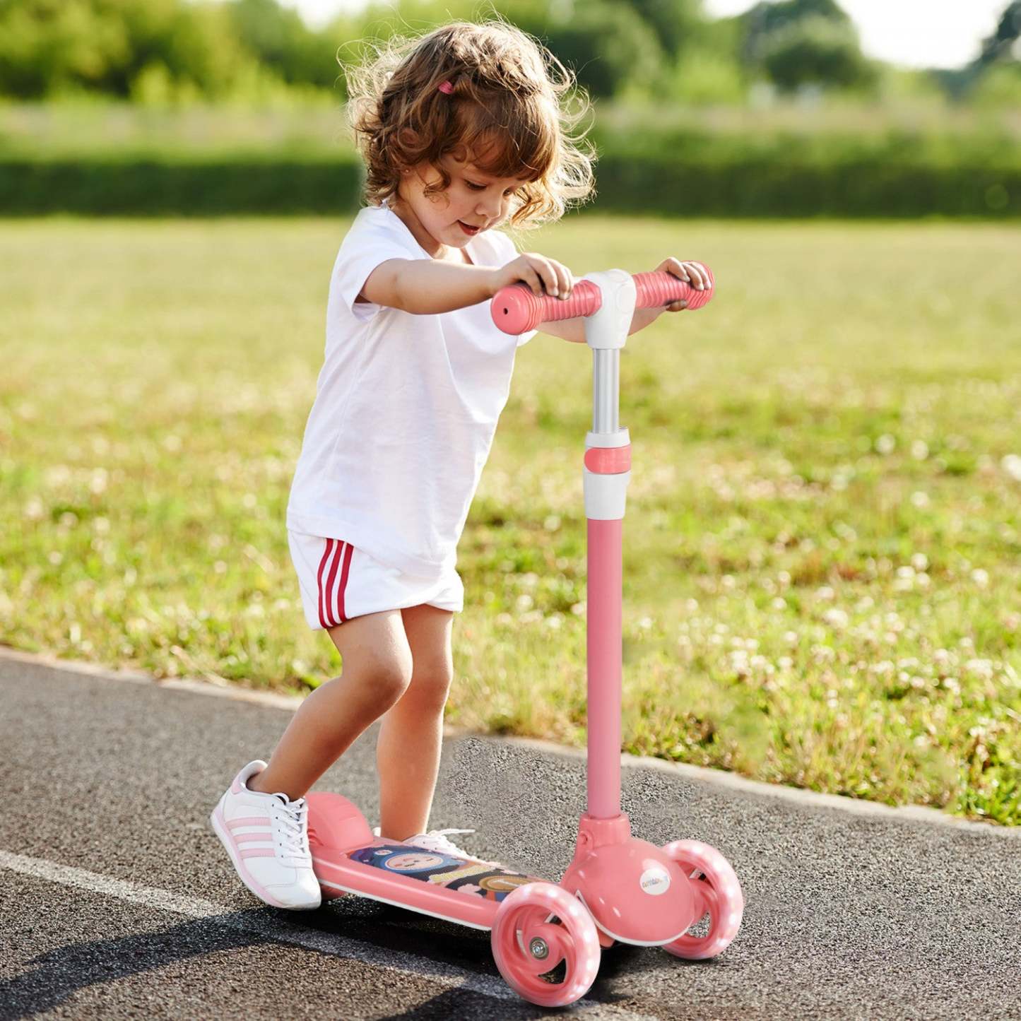 Trottinette Qaba Kids, trottinette à 3 roues pour tout-petits avec hauteur réglable en 3 niveaux, frein à garde-boue arrière, lumière LED, guidon en TPE, pour garçons et filles de 2 à 6 ans, rose