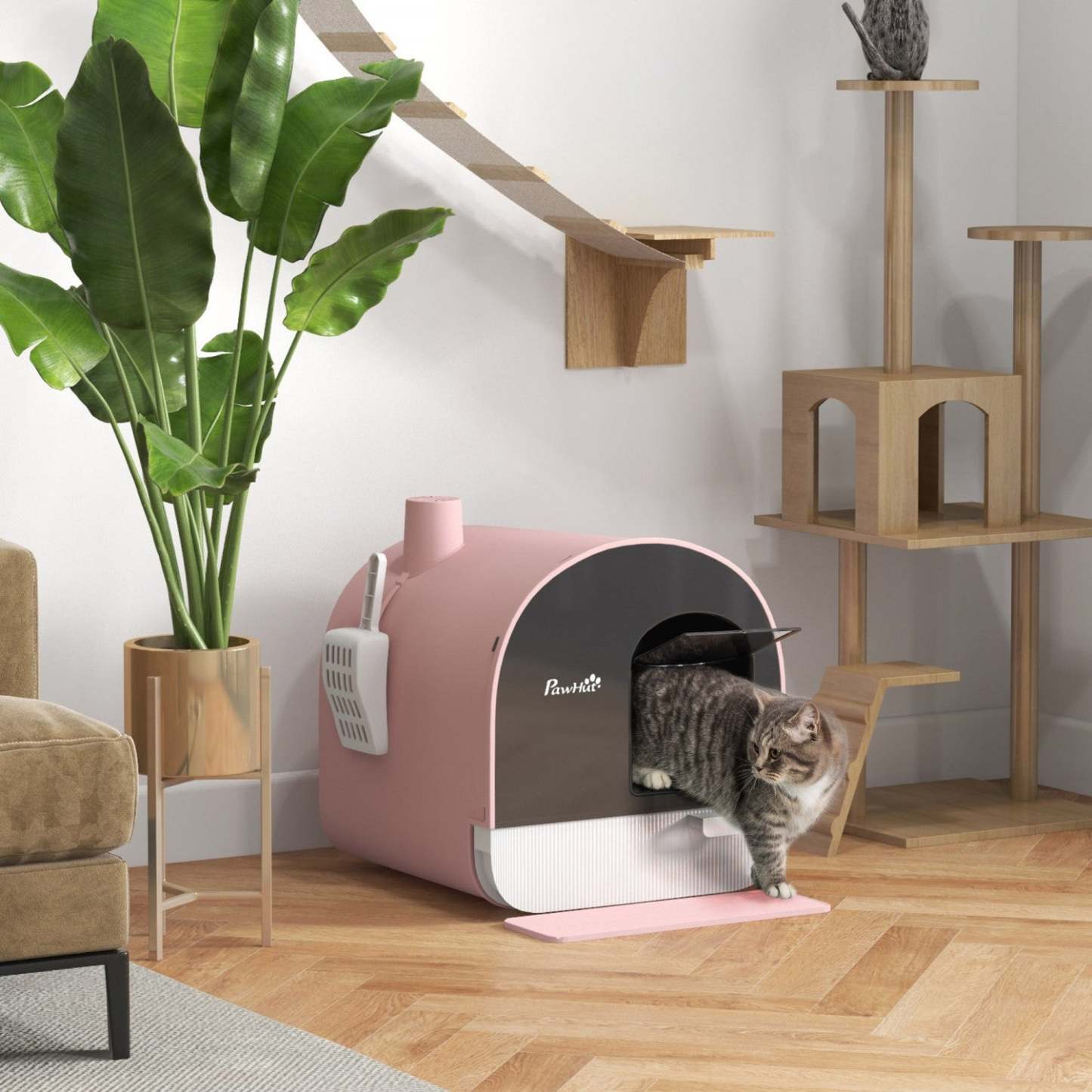 Pawhut Grande Litière pour Chat avec Couvercle, Litière pour Chat Enfermée avec Plateau Amovible, Pelle, Filtre, Rose