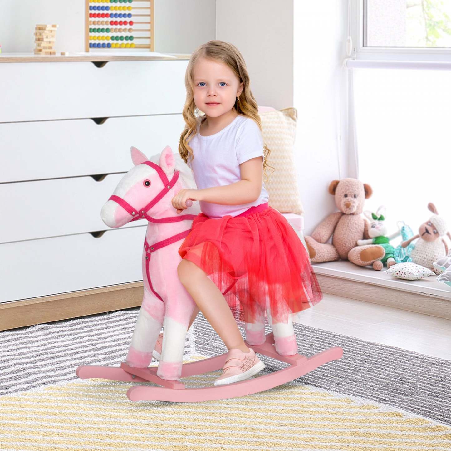 Qaba Cheval A Bascule En Peluche Poney Enfants Jouet Avec Son Realiste (rose Clair)