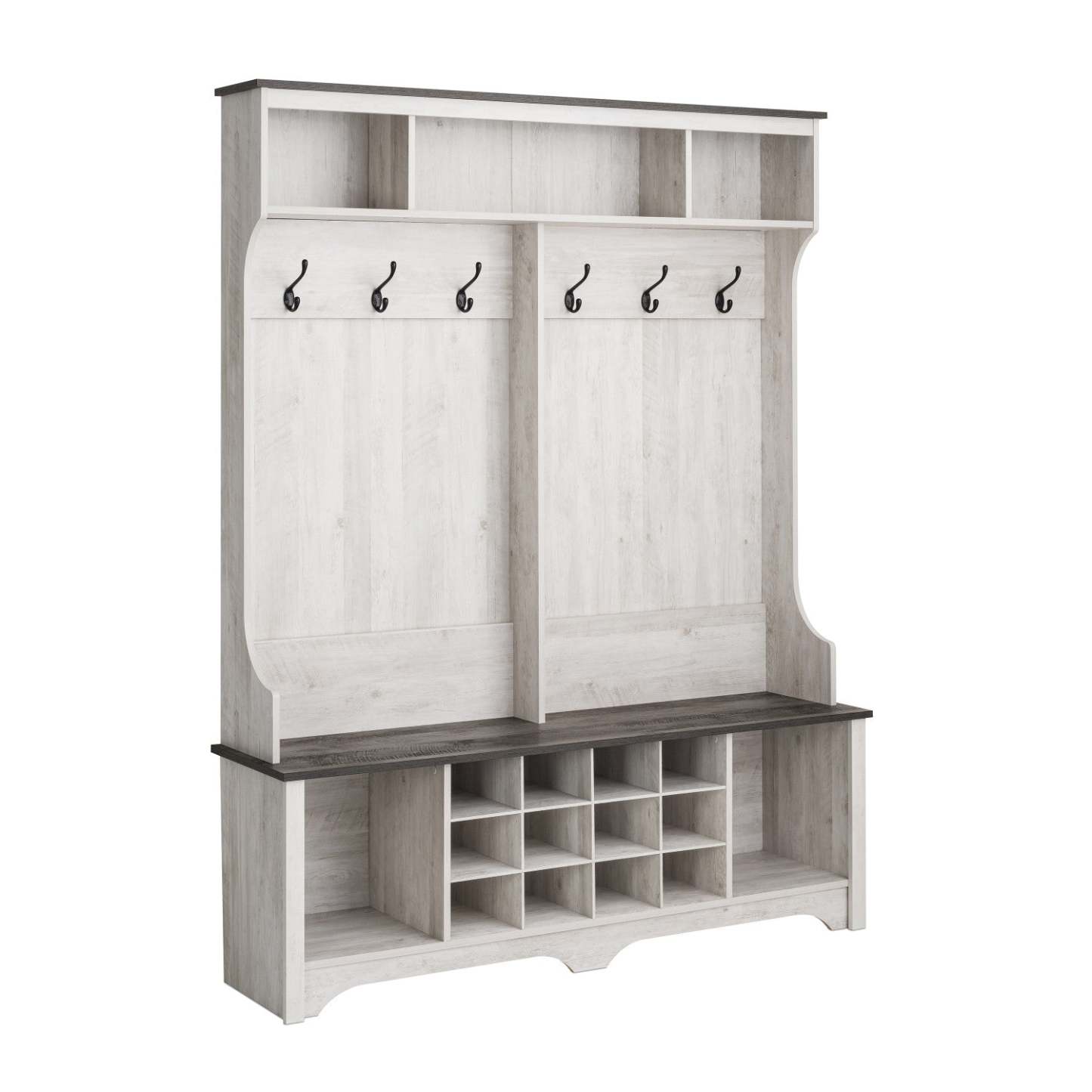 Rustic Ridge Farmhouse Entryway Storage Cabinet with Shoe Cubbies & Coat Hooks - Washed White|Armoire de rangement Rustic Ridge champêtre pour l’entrée avec compartiments pour chaussures et crochets à manteaux - blanc vieilli