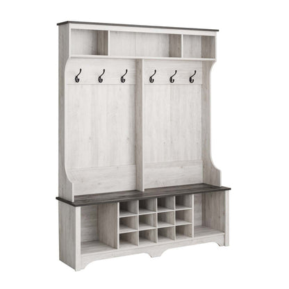 Rustic Ridge Farmhouse Entryway Storage Cabinet with Shoe Cubbies & Coat Hooks - Washed White|Armoire de rangement Rustic Ridge champêtre pour l’entrée avec compartiments pour chaussures et crochets à manteaux - blanc vieilli