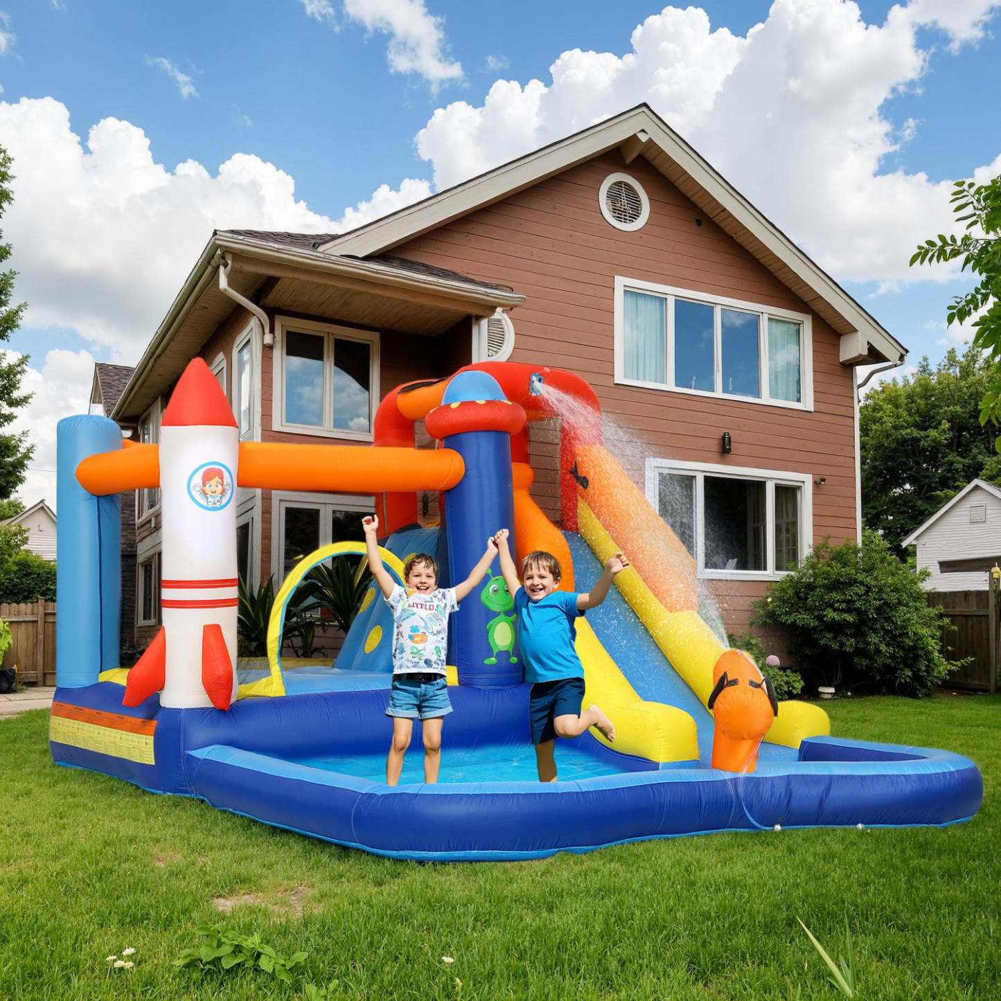 Qaba 11,8 X 8,2 pieds Maison Gonflable, Château Gonflable Pour Enfants En Plein Air Avec Souffleur 550w, 5 En 1 Bouncer Avec Toboggan, Piscine à Éclaboussures, Zone de Saut, Mur d'Escalade, Canon