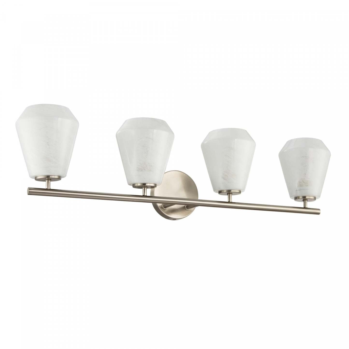 Meuble-lavabo de salle de bain à 4 lumières Brooke, nickel brossé avec lampe en verrerie blanche vaporeuse | Luminaire De Salle De Bain A 4 lampes Brooke, Nickel Brosse Avec Verre Blanc Vaporeux