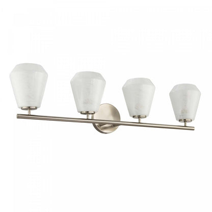 Meuble-lavabo de salle de bain à 4 lumières Brooke, nickel brossé avec lampe en verrerie blanche vaporeuse | Luminaire De Salle De Bain A 4 lampes Brooke, Nickel Brosse Avec Verre Blanc Vaporeux