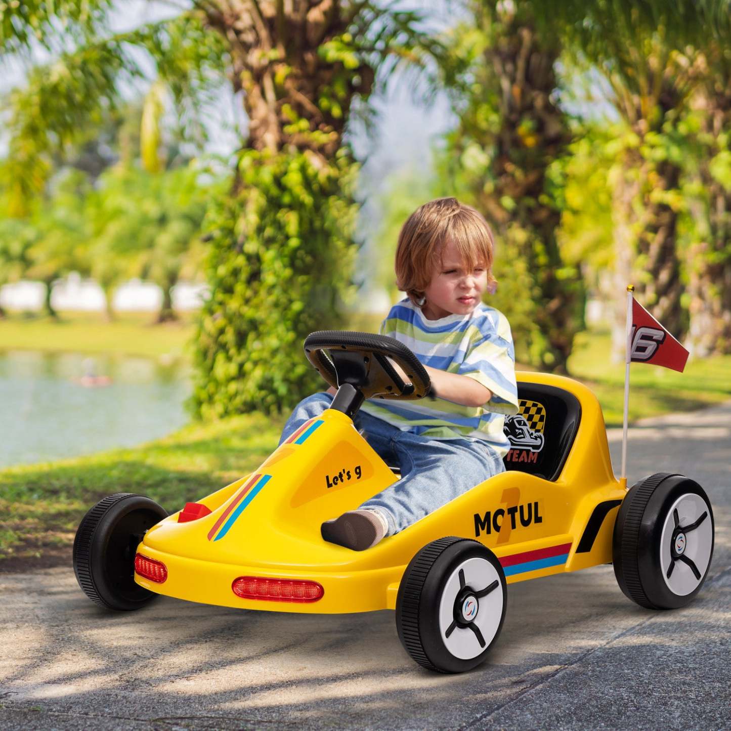 Qaba Kart Pour Enfants, Voiture Electrique Alimentee Par Batterie 6 V Avec Musique, Lumiere, Klaxon,
