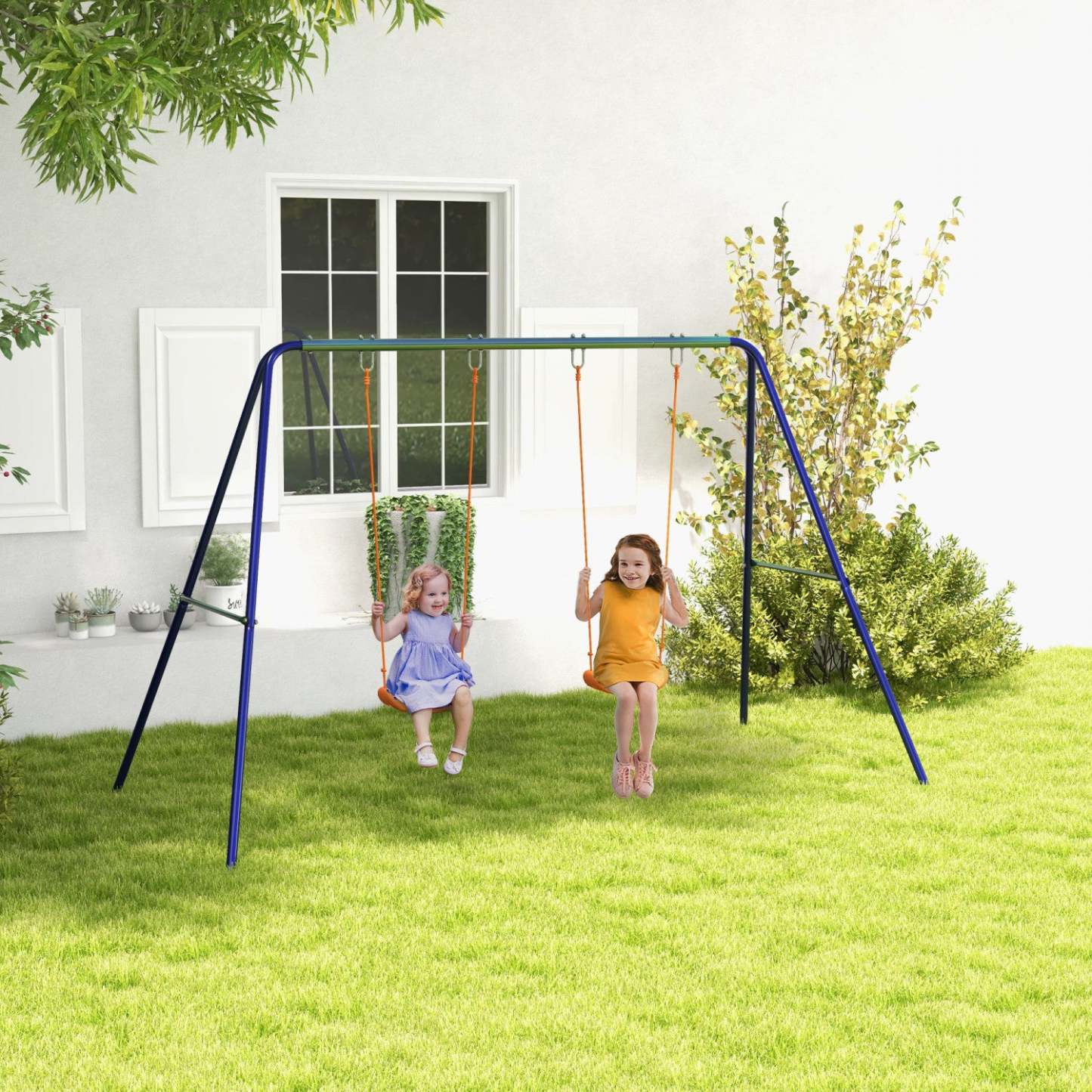 Outsunny Kids Swing Set Pour L'arrière-cour Cadre De Balancoire En Métal Avec Sièges De Balancoire Doubles, Ancre Au Sol