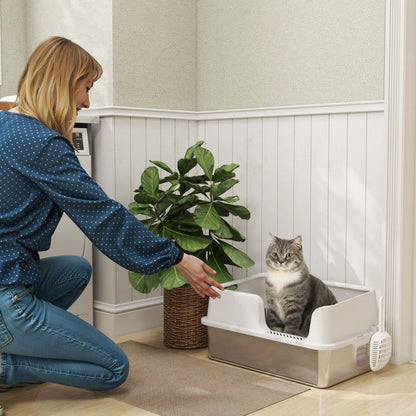 Pawhut Boîte à Litière en Acier Inoxydable pour Chats avec Couvercle, Boîte à Litière Enfermée Extra Grande en Métal pour Grands Chats avec Pelle, Bord Haut, Anti-adhésif et Anti-fuite d'urine, Facile à Nettoyer