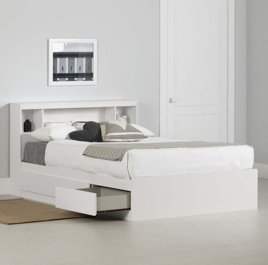 Ensemble de lit matelot double avec tête de lit bibliothèque Reevo - Blanc pur | Reevo Ensemble Lit Double Avec Tete De Lit Bibliotheque - Blanc Solide