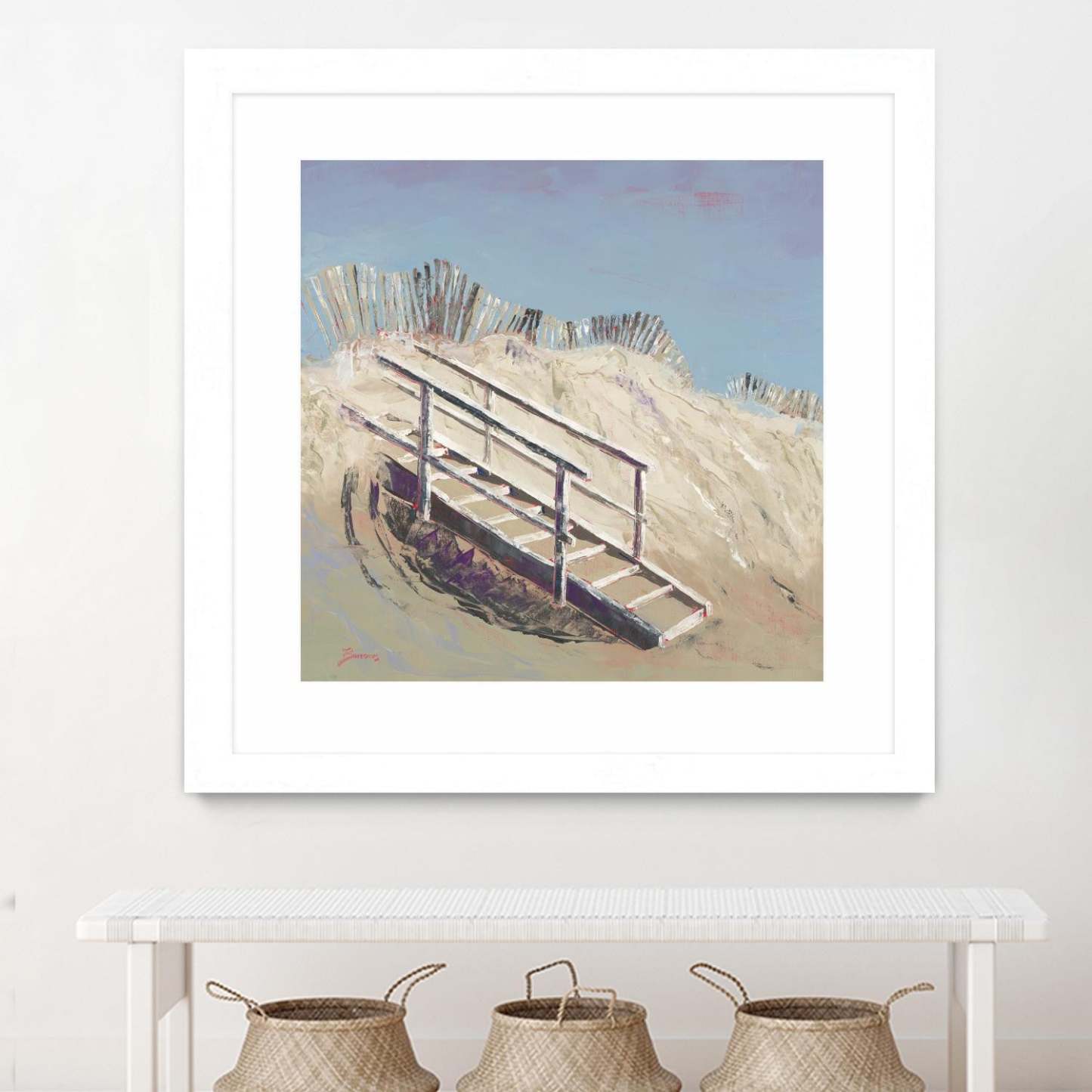 Œuvre d'art murale imprimée blanche et mate « Accès à la plage » 30 x 30