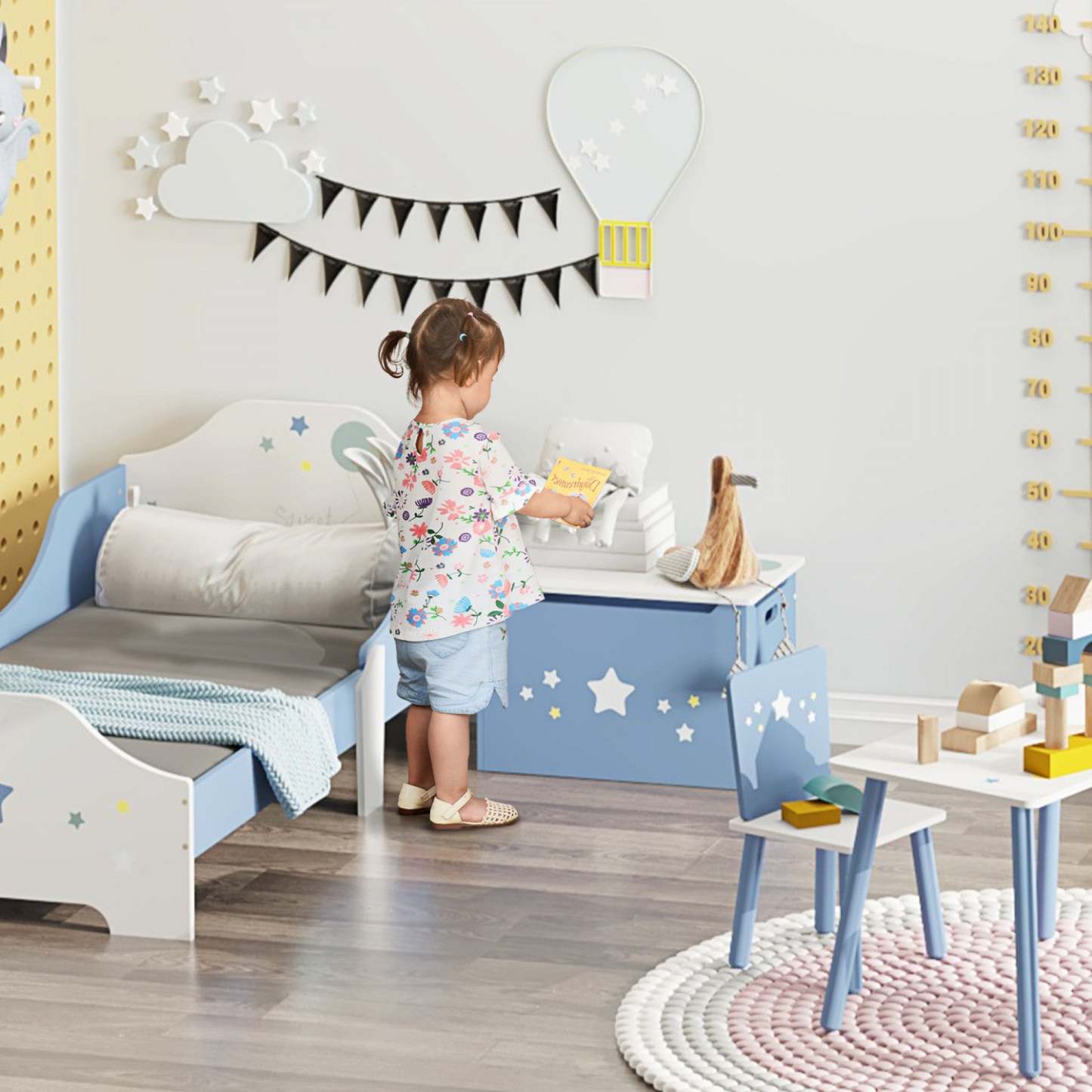 Qaba Boîte De Rangement Pour Jouets En Bois Pour Enfants Avec Banc À Gaz 55 X 34 X 35,6 Cm Bleu