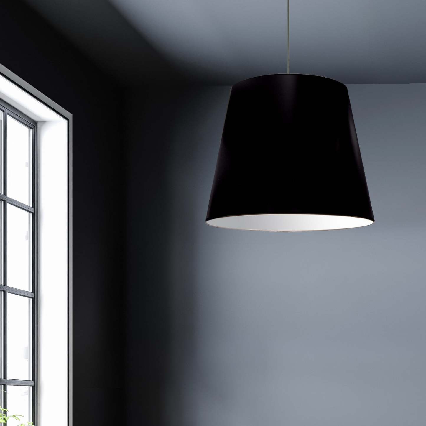 Dainolite Oversize Drum 1 Light Pendant Large Black/Silver Shade Lamp|Grand luminaire suspendu de Dainolite avec très grand abat-jour cylindrique noir et argenté, et 1 ampoule