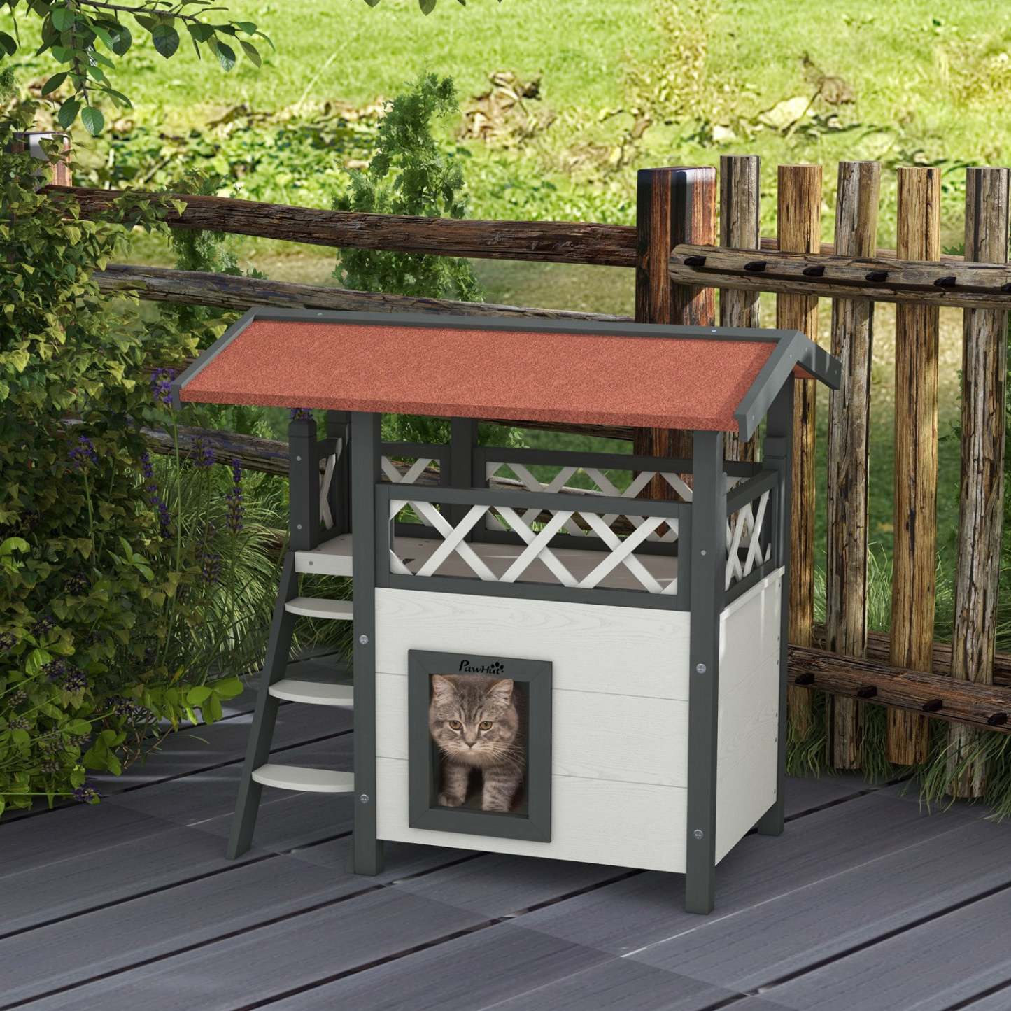 Pawhut Maison D'exterieur Pour Chat, Abri A 2 Etages Pour Chats Sauvages, Condo En Bois Pour Chaton Avec Toit En Asphalte