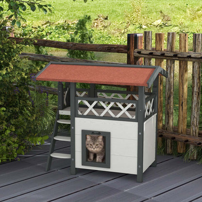 Pawhut Maison D'exterieur Pour Chat, Abri A 2 Etages Pour Chats Sauvages, Condo En Bois Pour Chaton Avec Toit En Asphalte