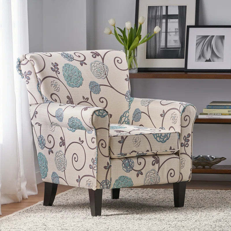 Chaise d'appoint en tissu d'apparence lin Catherine avec pattes en bois - Blanc et bleu | Fauteuil D'appoint Catherine En Tissu aspect lin Avec Pieds En Bois - Blanc Et Bleu