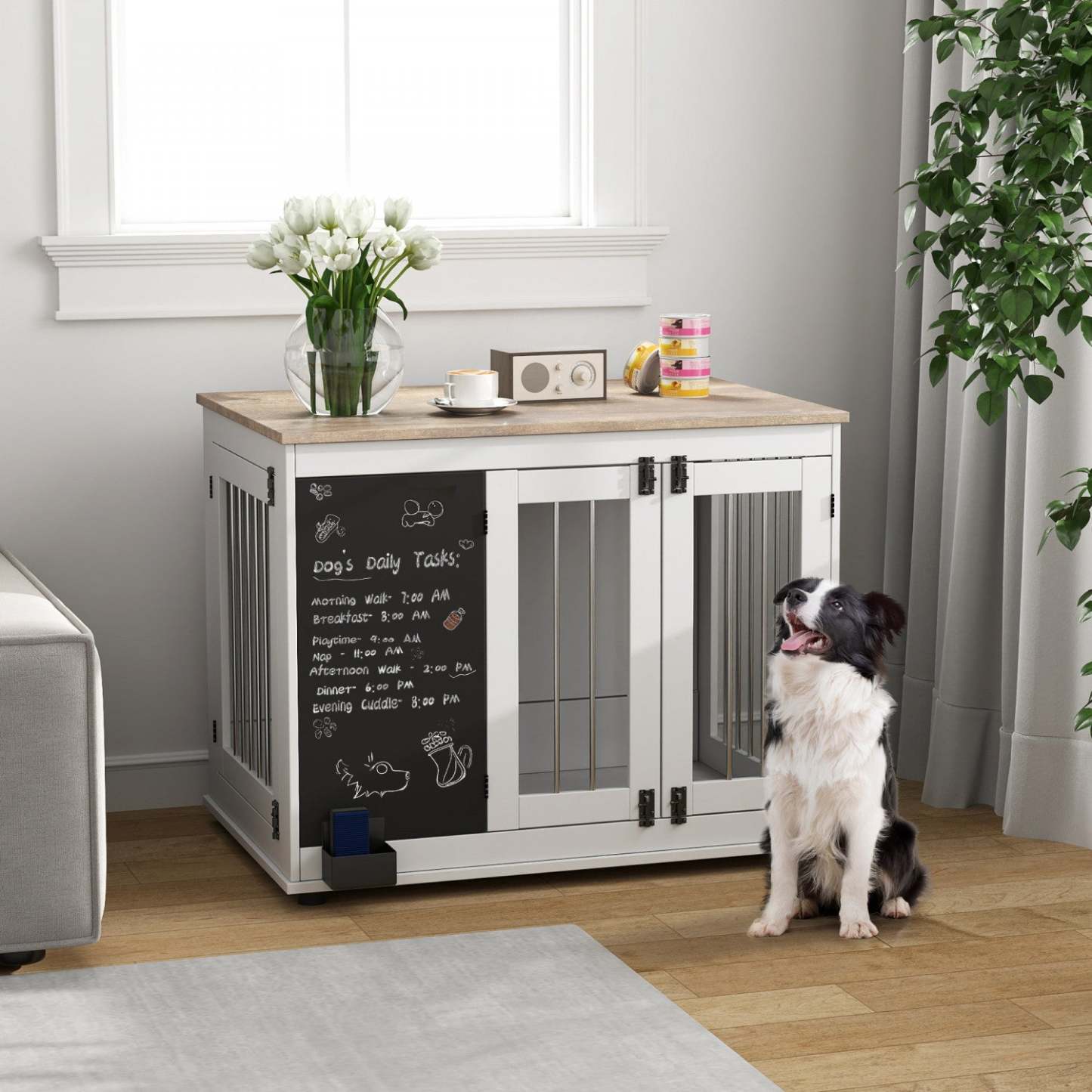 Pawhut 39in Dog Crate Furniture, Dog Cage End Table With Three Doors, Blackboard, Anti-slip Foot Pads|Pawhut Meuble De Cage Pour Chien De 39, Table D'appoint Pour Grands Chiens, Cage Pour Chien Avec Tr