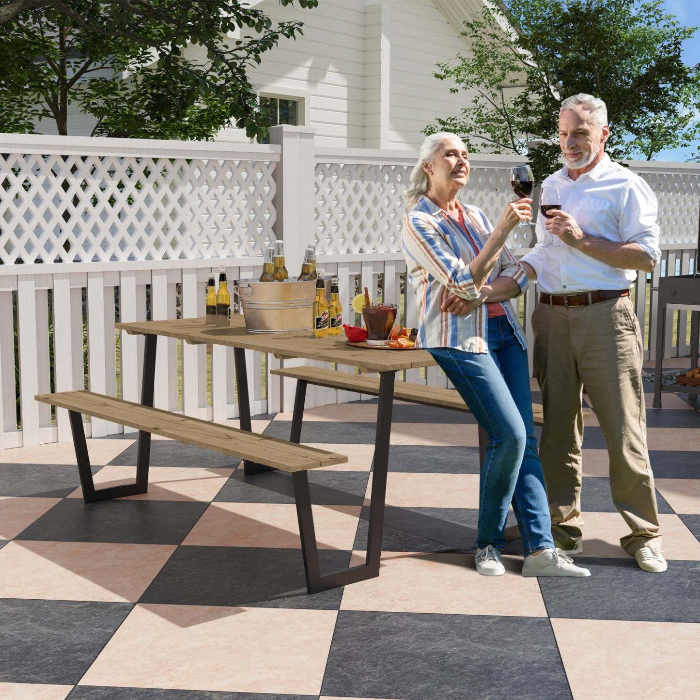 Outsunny 5,7 Ft Ensemble de Bancs de Table de Pique-Nique d'Extérieur avec 2 Trous pour Parasol, Marron