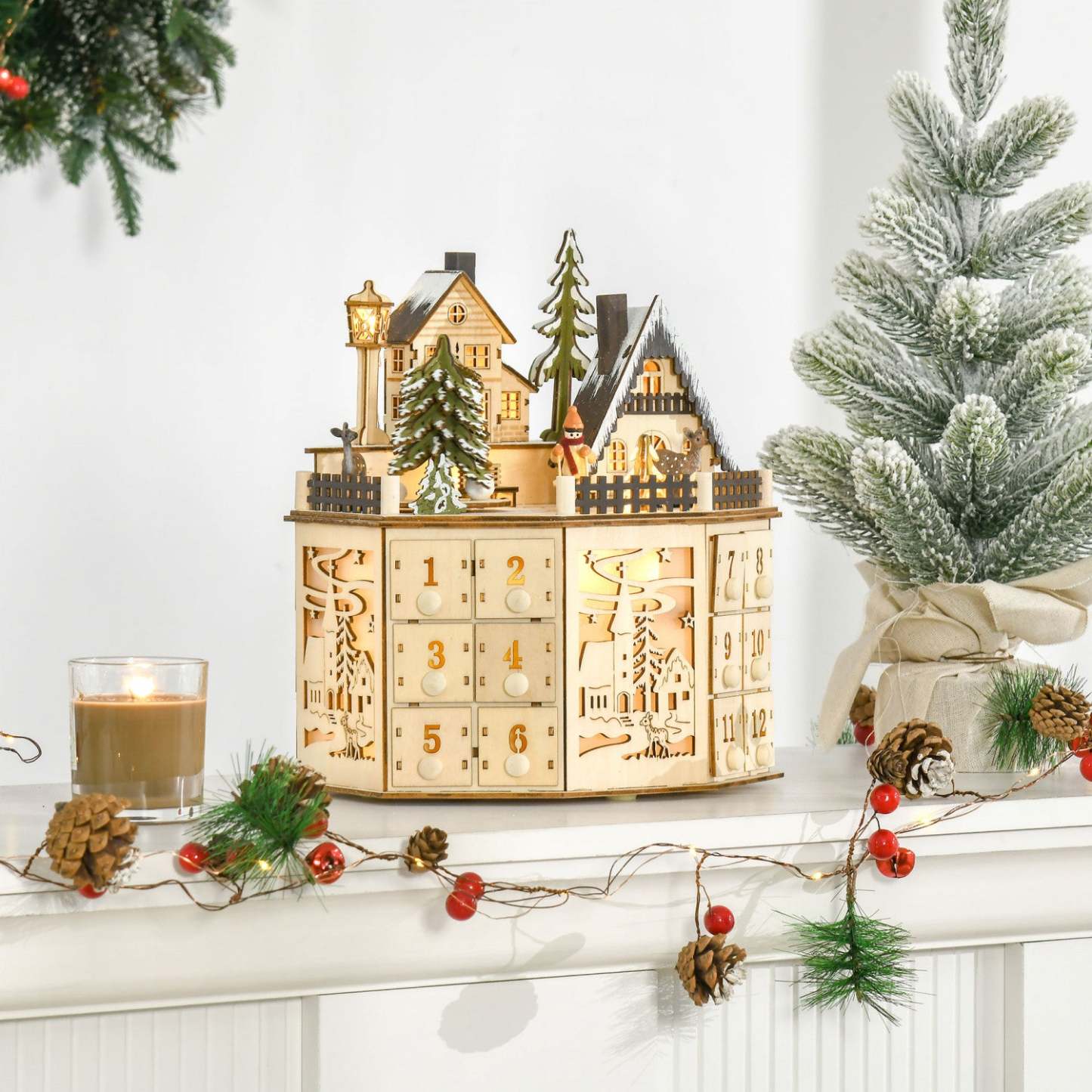 Homcom Calendrier de l'Avent de Noël avec tiroirs de compte à rebours pour enfants et adultes | Homcom Calendrier de l'Avent de Noël, table lumineuse décoration de Noël
