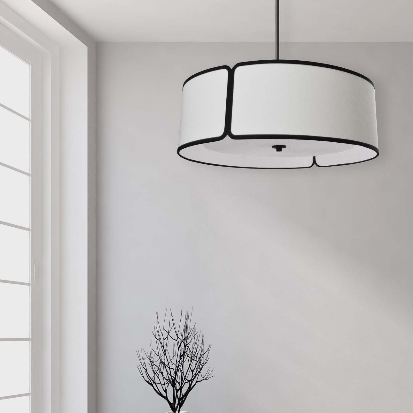 Dainolite Notched Drum 4 Light Notched Drum Pendant Black Finish White Shade/White Diffuser Lamp|Luminaire suspendu de Dainolite avec abat-jour cylindrique blanc à encoches qui diffuse la lumière, fini noir et 4 ampoules