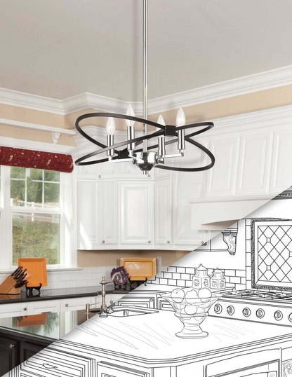 Lustre Paloma de Dainolite avec fini chromé poli et noir mat, et 4 ampoules