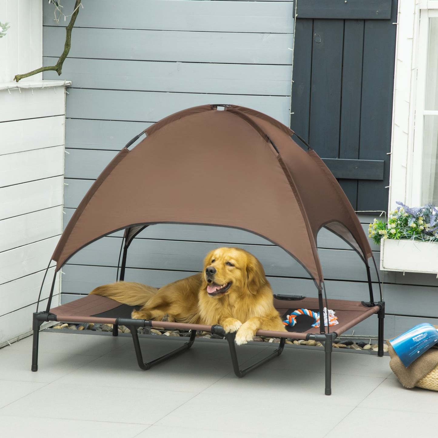 Pawhut Lit Élevé Refroidissant pour Animaux de Compagnie Lit Portable pour Chien surélevé avec Auvent pour Chiens de Grande Taille, Intérieur et Extérieur