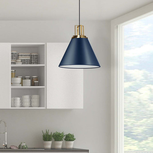 Luminaire suspendu Sonus de Dainolite avec fini bleu cobalt, touches laiton vieilli et 1 ampoule