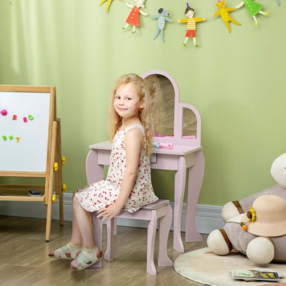 Qaba Ensemble Table De Maquillage Et Chaise, Ensemble De Coiffure Pour Filles, Bureau De Maquillage Avec Tiroir Pour Enfants De 3 À 6 Ans