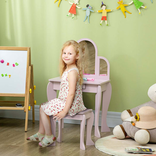 Qaba Ensemble Table De Maquillage Et Chaise, Ensemble De Coiffure Pour Filles, Bureau De Maquillage Avec Tiroir Pour Enfants De 3 À 6 Ans